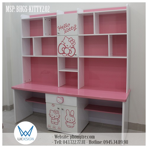 Mẫu thiết kế bàn học đôi liền giá sách Hello Kitty MSP: BHGS-KITTY2.02 dễ thương với 2 sắc màu trắng và hồng phấn