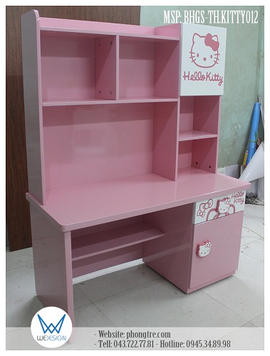 Bàn học Hello Kitty MSP: BHGS-TH.KITTY012 được thiết kế kiểu bàn học tiểu học liền giá sách