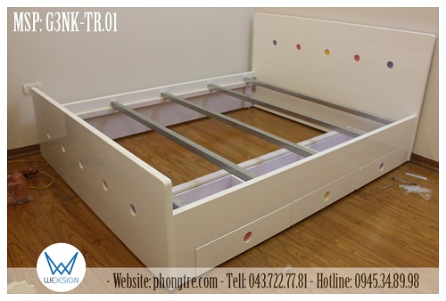Kết cấu giường ngủ 3 ngăn kéo màu trắng trang trí hình tròn MSP: G3NK-TR.01