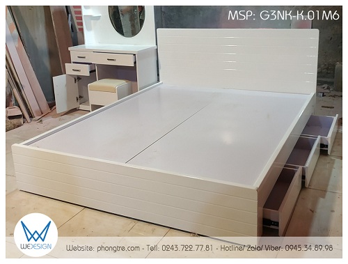 Mẫu thiết kế giường 3 ngăn kéo 1m6 trang trí đường soi ngang G3NK-K.01M6 màu trắng