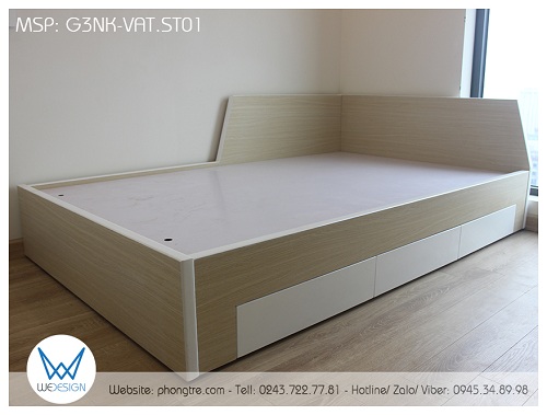 Mẫu giường ngủ tạo mẫu với đường cắt vát có 3 ngăn kéo G3NK-VAT.ST01 đặc biệt thích hợp kê ở góc tường có cửa sổ sát sàn