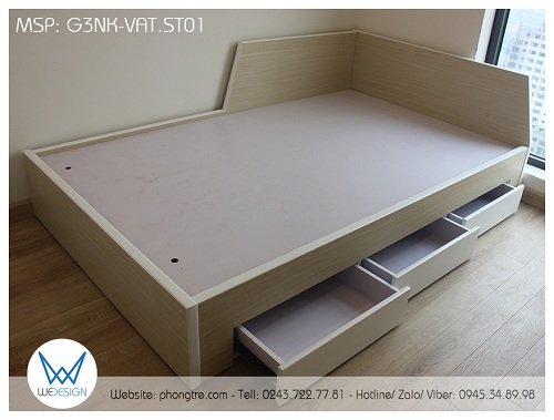 Mẫu thiết kế giường 3 ngăn kéo tạo mẫu với đường cắt vát chéo phối vân gỗ sồi trắng và màu trắng G3NK-VAT.ST01