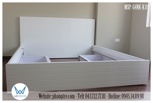 Giường 4 ngăn kéo màu trắng G4NK-K.01 sử dụng ke giường liên kết đầu giường, thành giường và đuôi giường