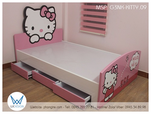 Ngăn kéo của giường được làm ở một phía của thành giường và sơn màu hồng