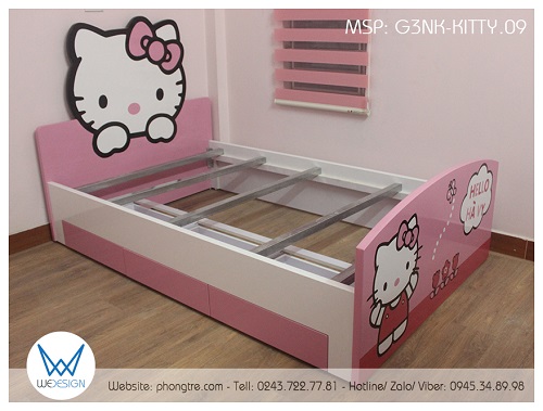 Giường ngăn kéo Hello Kitty G3NK-KITTY.09 sử dụng 5 cây thang giường bằng kẽm hộp vuông 4cm, dày 1.1 ly