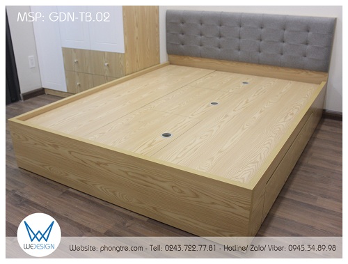 Thiết kế giường ngủ đa năng đặt giữa phòng ngủ vân gỗ tần bì phối với đầu giường có tựa nỉ GDN-TB.02