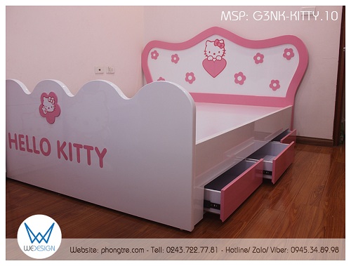 Giường 3 ngăn kéo tân cổ điển trang trí Hello Kitty và hoa xinh G3NK-KITTY.10