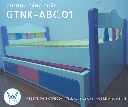 Giường tầng thấp trang trí tên bé với những sắc màu đáng yêu GTNK-ABC.01