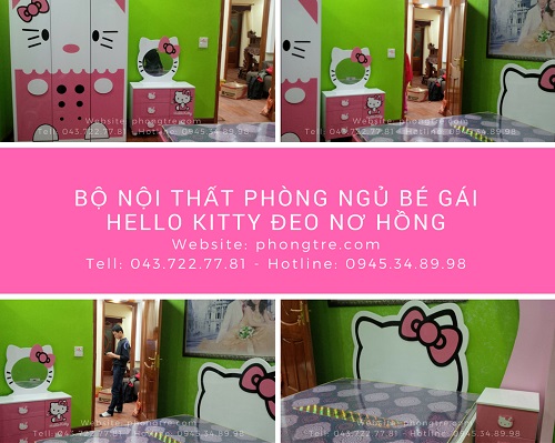 Phòng ngủ bé gái trang trí Hello Kitty đeo nơ hồng