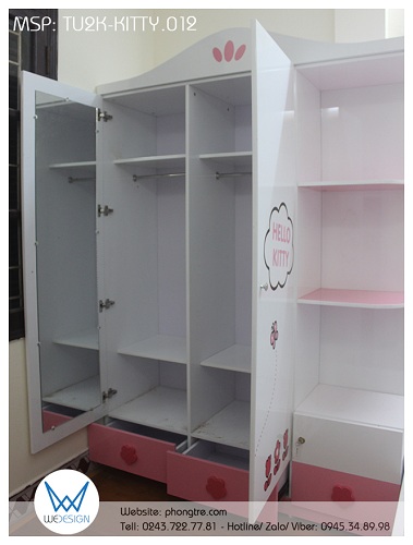 Kết cấu bên trong của tủ quần áo Hello Kitty liền kệ góc TU2K-KITTY.012